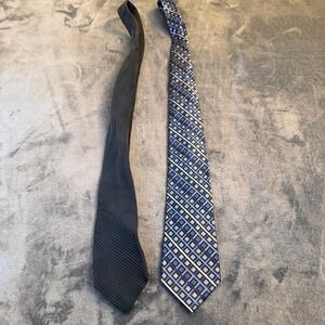 Statements Silk Necktie Lot Mens One Size Black Blue Geometric Ribbed 2 Pack
